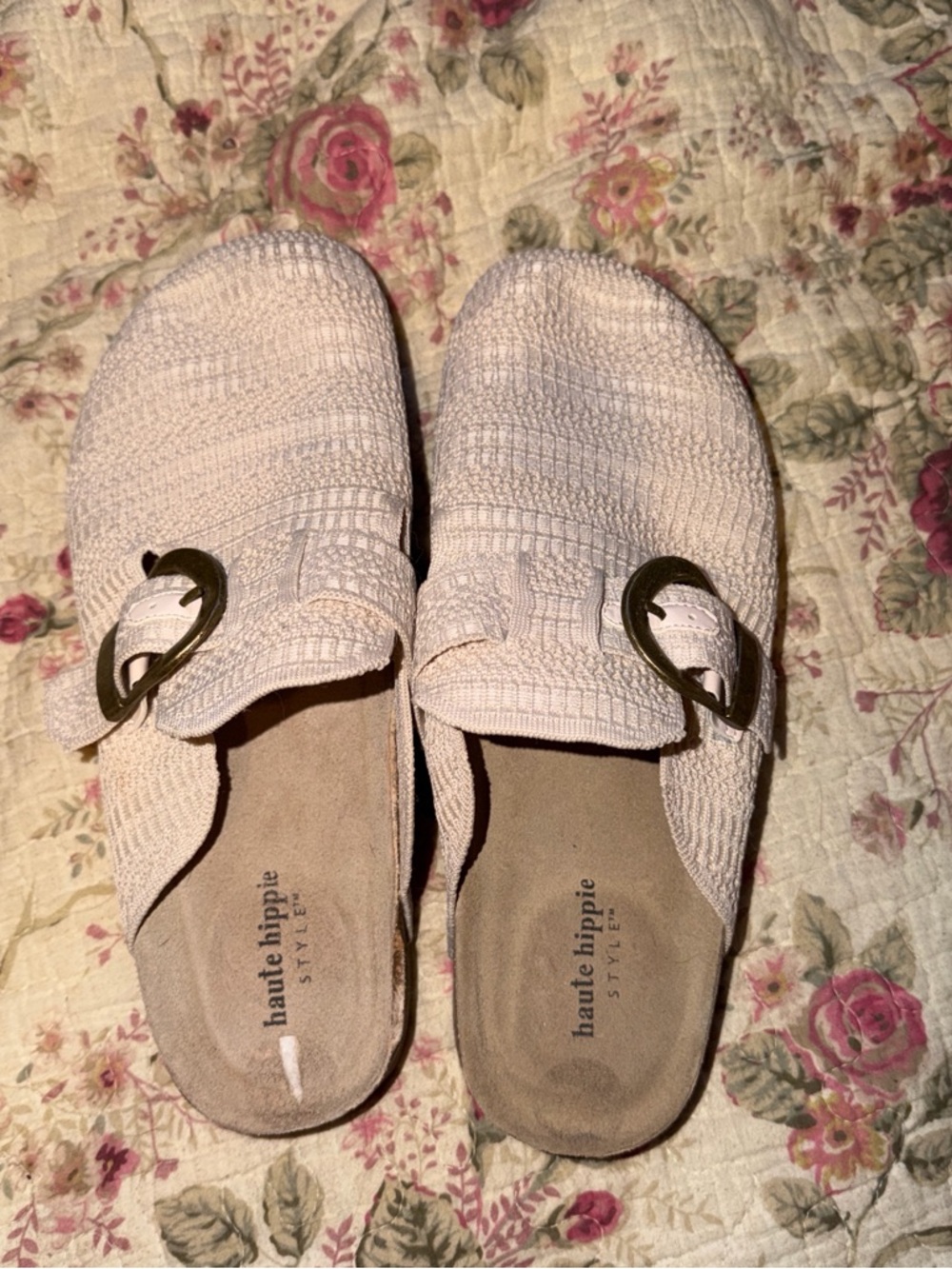 Haute Hippie Off-White Knit Slip-On Mules with Buckle Accent